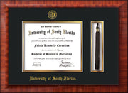 Image of University of South Florida Diploma Frame - Mezzo Gloss - w/Embossed USF Seal & Name - Tassel Holder - Black on Gold mat