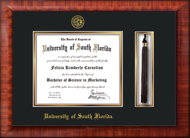 Image of University of South Florida Diploma Frame - Mezzo Gloss - w/Embossed USF Seal & Name - Tassel Holder - Black on Gold mat