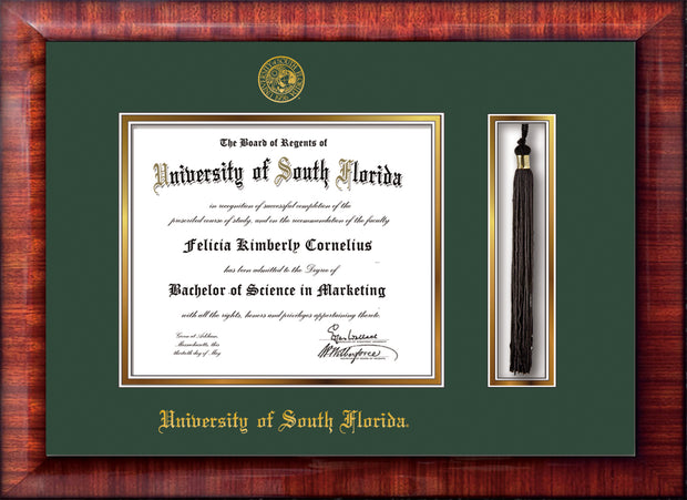 Image of University of South Florida Diploma Frame - Mezzo Gloss - w/Embossed USF Seal & Name - Tassel Holder - Green on Gold mat