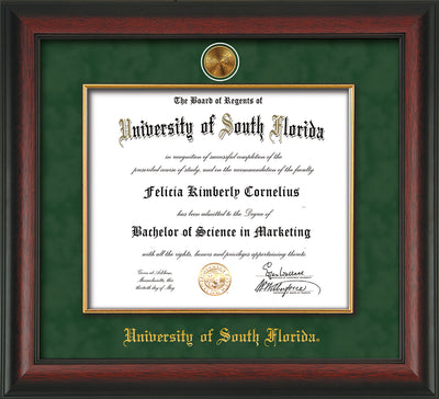 Image of University of South Florida Diploma Frame - Rosewood - w/24k Gold-Plated Medallion & Fillet - w/USF Name Embossing - Green Suede mat