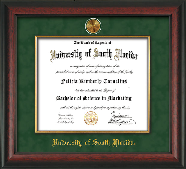 Image of University of South Florida Diploma Frame - Rosewood - w/24k Gold-Plated Medallion & Fillet - w/USF Name Embossing - Green Suede mat