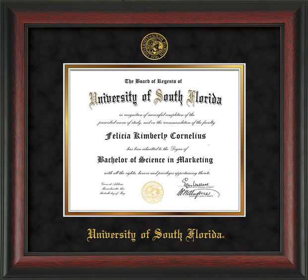 Image of University of South Florida Diploma Frame - Rosewood - w/Embossed USF Seal & Name - Black Suede on Gold mat