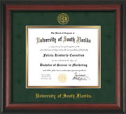 Image of University of South Florida Diploma Frame - Rosewood - w/Embossed USF Seal & Name - Green Suede on Gold mat