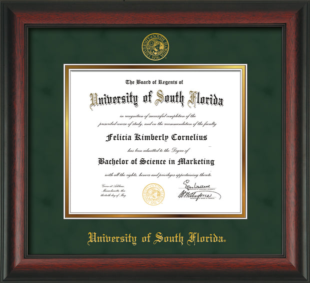 Image of University of South Florida Diploma Frame - Rosewood - w/Embossed USF Seal & Name - Green Suede on Gold mat