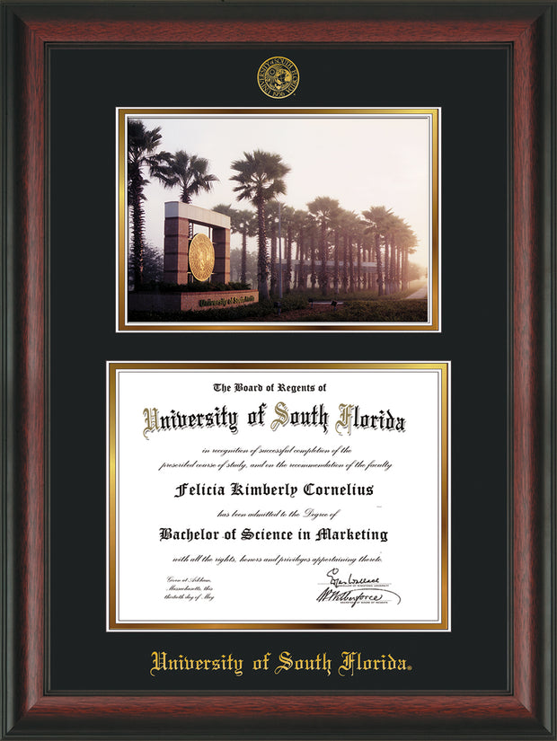 Image of University of South Florida Diploma Frame - Rosewood - w/Embossed USF Seal & Name - Photo - Black on Gold mat