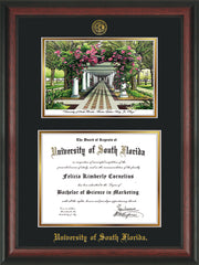 Image of University of South Florida Diploma Frame - Rosewood - w/Embossed USF Seal & Name - Watercolor - Black on Gold mat