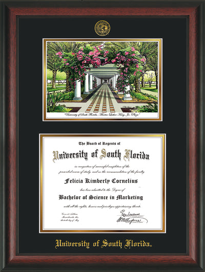 Image of University of South Florida Diploma Frame - Rosewood - w/Embossed USF Seal & Name - Watercolor - Black on Gold mat