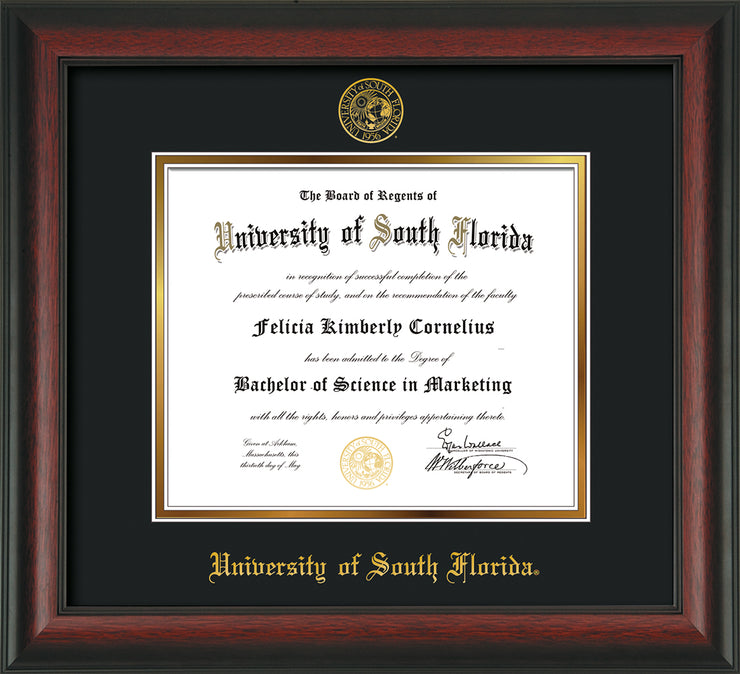 Image of University of South Florida Diploma Frame - Rosewood - w/Embossed USF Seal & Name - Black on Gold mat