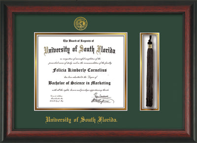 Image of University of South Florida Diploma Frame - Rosewood - w/Embossed USF Seal & Name - Tassel Holder - Green on Gold mat
