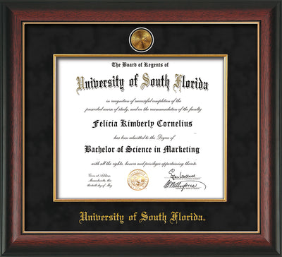 Image of University of South Florida Diploma Frame - Rosewood w/Gold Lip - w/24k Gold-Plated Medallion & Fillet - w/USF Name Embossing - Black Suede mat