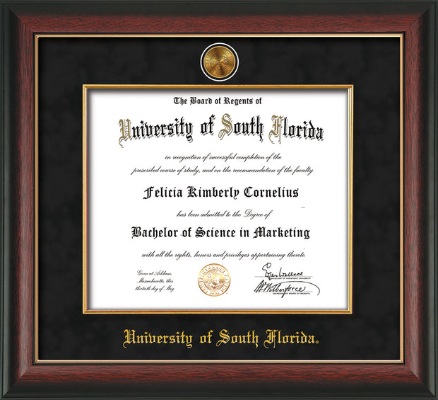 Image of University of South Florida Diploma Frame - Rosewood w/Gold Lip - w/24k Gold-Plated Medallion & Fillet - w/USF Name Embossing - Black Suede mat
