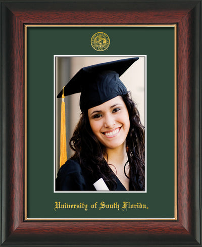 Image of University of South Florida 5 x 7 Photo Frame - Rosewood w/Gold Lip - w/Official Embossing of USF Seal & Name - Single Green mat