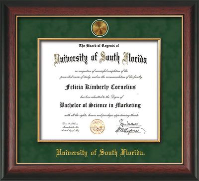 Image of University of South Florida Diploma Frame - Rosewood w/Gold Lip - w/24k Gold-Plated Medallion & Fillet - w/USF Name Embossing - Green Suede mat