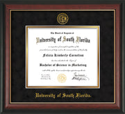 Image of University of South Florida Diploma Frame - Rosewood w/Gold Lip - w/Embossed USF Seal & Name - Black Suede on Gold mat