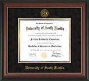 Image of University of South Florida Diploma Frame - Rosewood w/Gold Lip - w/Embossed USF Seal & Name - Black Suede on Gold mat