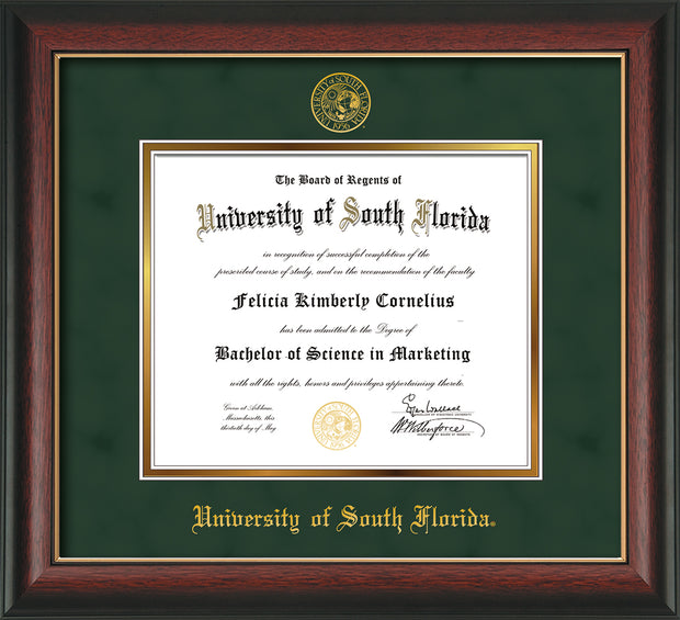 Image of University of South Florida Diploma Frame - Rosewood w/Gold Lip - w/Embossed USF Seal & Name - Green Suede on Gold mat