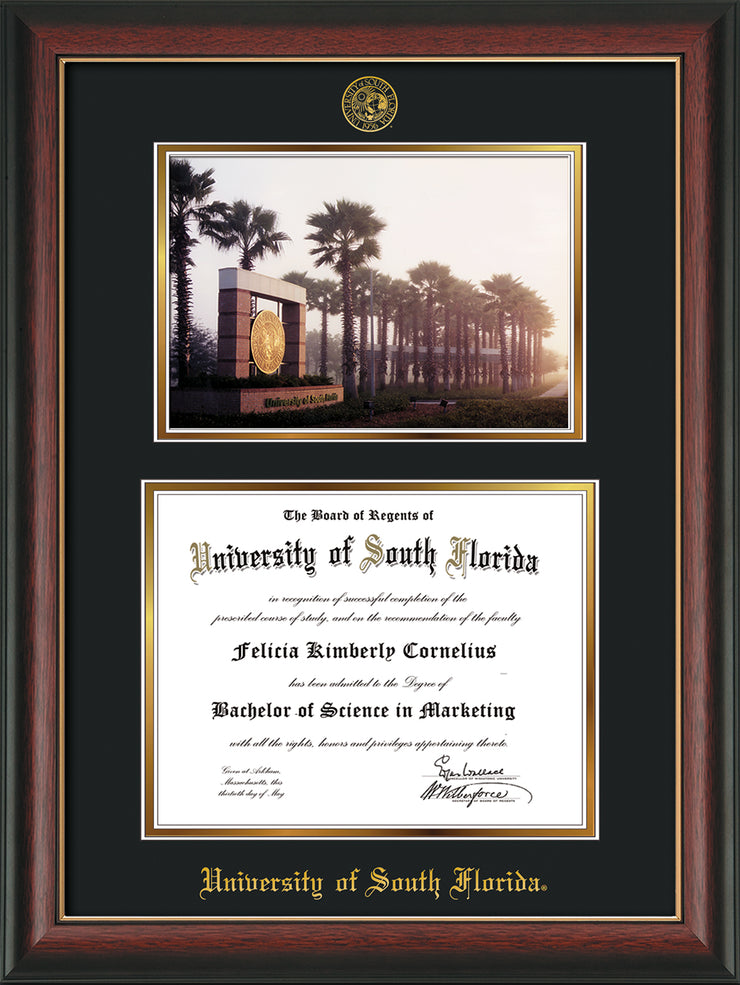 Image of University of South Florida Diploma Frame - Rosewood w/Gold Lip - w/Embossed USF Seal & Name - Photo - Black on Gold mat