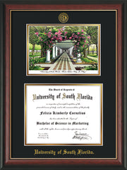 Image of University of South Florida Diploma Frame - Rosewood w/Gold Lip - w/Embossed USF Seal & Name - Watercolor - Black on Gold mat