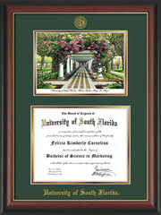 Image of University of South Florida Diploma Frame - Rosewood w/Gold Lip - w/Embossed USF Seal & Name - Watercolor - Green on Gold mat