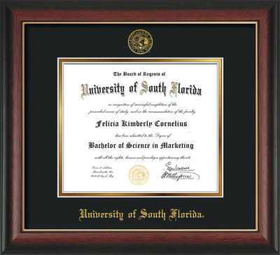 Image of University of South Florida Diploma Frame - Rosewood w/Gold Lip - w/Embossed USF Seal & Name - Black on Gold mat