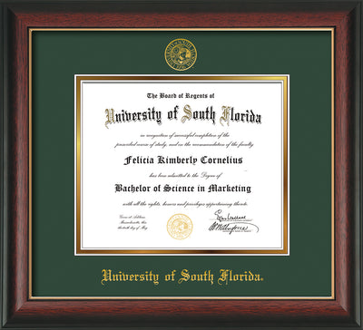 Image of University of South Florida Diploma Frame - Rosewood w/Gold Lip - w/Embossed USF Seal & Name - Green on Gold mat