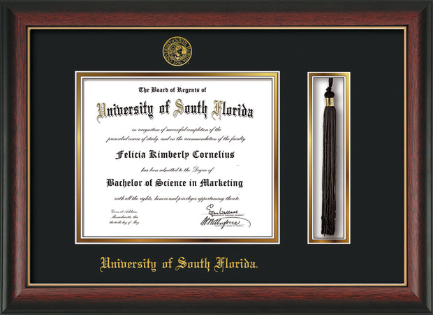 University of South Florida Diploma Frame - Rosewood w/Gold Lip - w/Embossed USF Seal & Name - Tassel Holder - Black on Gold mat