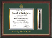 Image of University of South Florida Diploma Frame - Rosewood w/Gold Lip - w/Embossed USF Seal & Name - Tassel Holder - Green on Gold mat