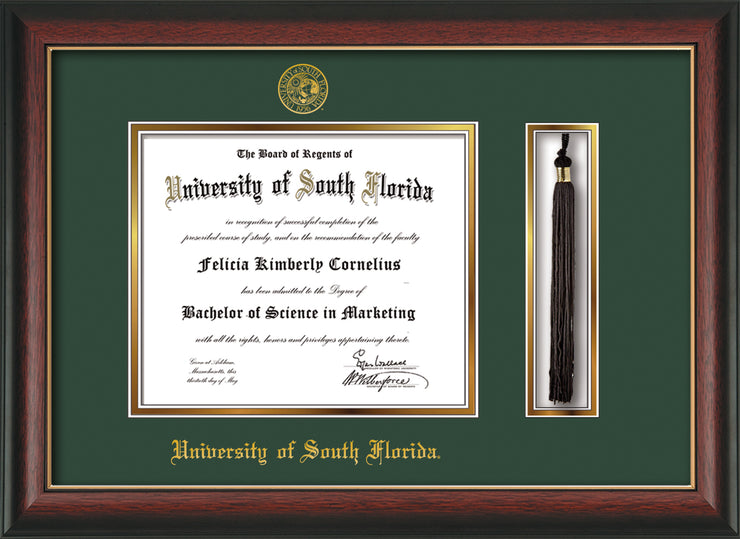 Image of University of South Florida Diploma Frame - Rosewood w/Gold Lip - w/Embossed USF Seal & Name - Tassel Holder - Green on Gold mat