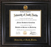 Image of University of South Florida Diploma Frame - Vintage Black Scoop - w/24k Gold-Plated Medallion & Fillet - w/USF Name Embossing - Black Suede mat