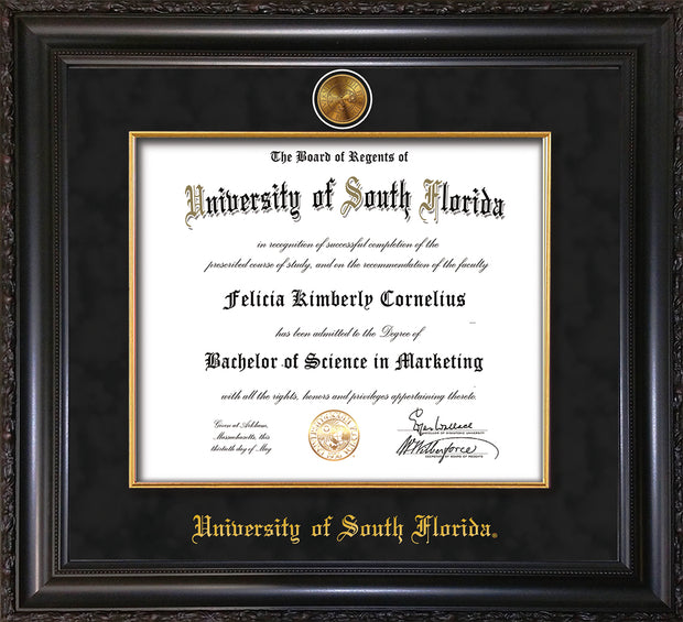 Image of University of South Florida Diploma Frame - Vintage Black Scoop - w/24k Gold-Plated Medallion & Fillet - w/USF Name Embossing - Black Suede mat