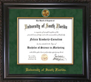 Image of University of South Florida Diploma Frame - Vintage Black Scoop - w/24k Gold-Plated Medallion & Fillet - w/USF Name Embossing - Green Suede mat