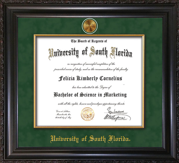 Image of University of South Florida Diploma Frame - Vintage Black Scoop - w/24k Gold-Plated Medallion & Fillet - w/USF Name Embossing - Green Suede mat