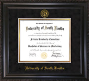Image of University of South Florida Diploma Frame - Vintage Black Scoop - w/Embossed USF Seal & Name - Black Suede on Gold mat