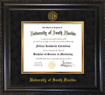 Image of University of South Florida Diploma Frame - Vintage Black Scoop - w/Embossed USF Seal & Name - Black Suede on Gold mat