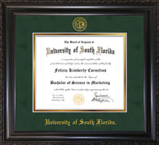 Image of University of South Florida Diploma Frame - Vintage Black Scoop - w/Embossed USF Seal & Name - Green Suede on Gold mat