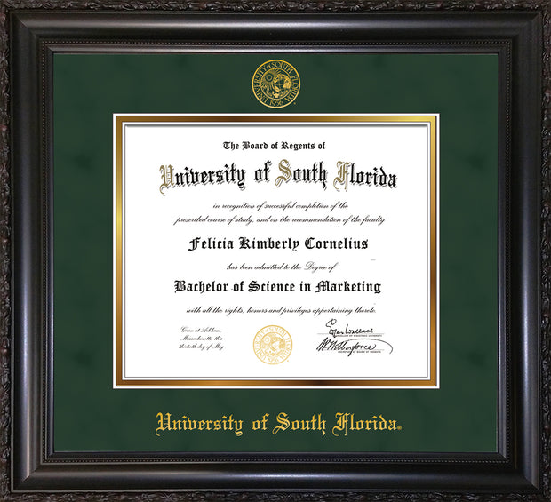 Image of University of South Florida Diploma Frame - Vintage Black Scoop - w/Embossed USF Seal & Name - Green Suede on Gold mat