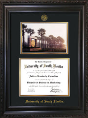 Image of University of South Florida Diploma Frame - Vintage Black Scoop - w/Embossed USF Seal & Name - Photo - Black on Gold mat