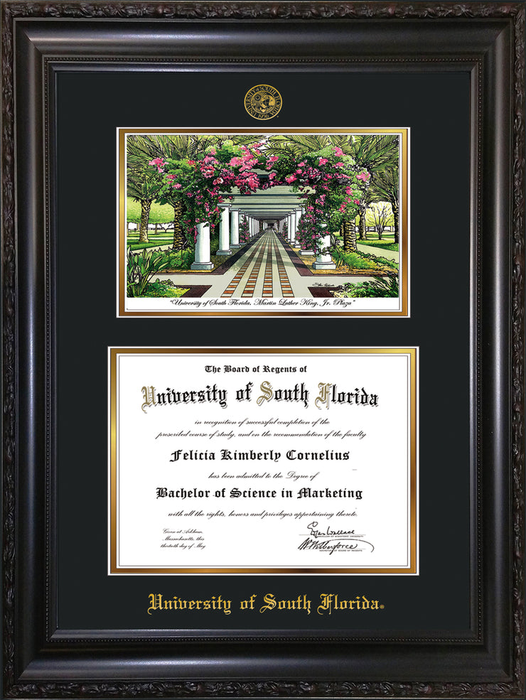 Image of University of South Florida Diploma Frame - Vintage Black Scoop - w/Embossed USF Seal & Name - Watercolor - Black on Gold mat