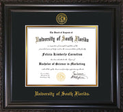 Image of University of South Florida Diploma Frame - Vintage Black Scoop - w/Embossed USF Seal & Name - Black on Gold mat
