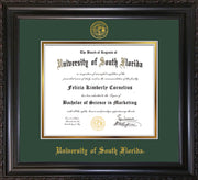 Image of University of South Florida Diploma Frame - Vintage Black Scoop - w/Embossed USF Seal & Name - Green on Gold mat