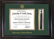 Image of University of South Florida Diploma Frame - Vintage Black Scoop - w/Embossed USF Seal & Name - Tassel Holder - Green on Gold mat
