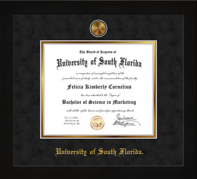 Image of University of South Florida Diploma Frame - Flat Matte Black - w/24k Gold-Plated Medallion USF Name Embossing - Black Suede on Gold mats
