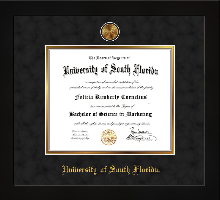 Image of University of South Florida Diploma Frame - Flat Matte Black - w/24k Gold-Plated Medallion USF Name Embossing - Black Suede on Gold mats