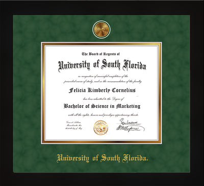Image of University of South Florida Diploma Frame - Flat Matte Black - w/24k Gold-Plated Medallion USF Name Embossing - Green Suede on Gold mats