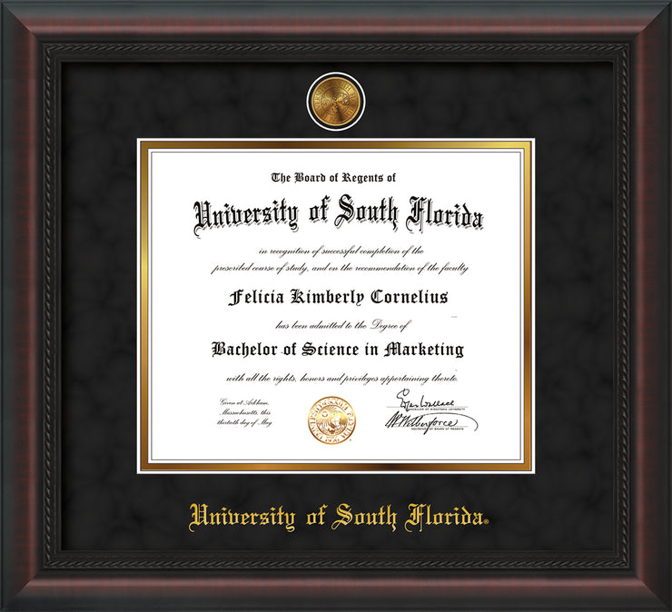 Image of University of South Florida Diploma Frame - Mahogany Braid - w/24k Gold-Plated Medallion USF Name Embossing - Black Suede on Gold mats
