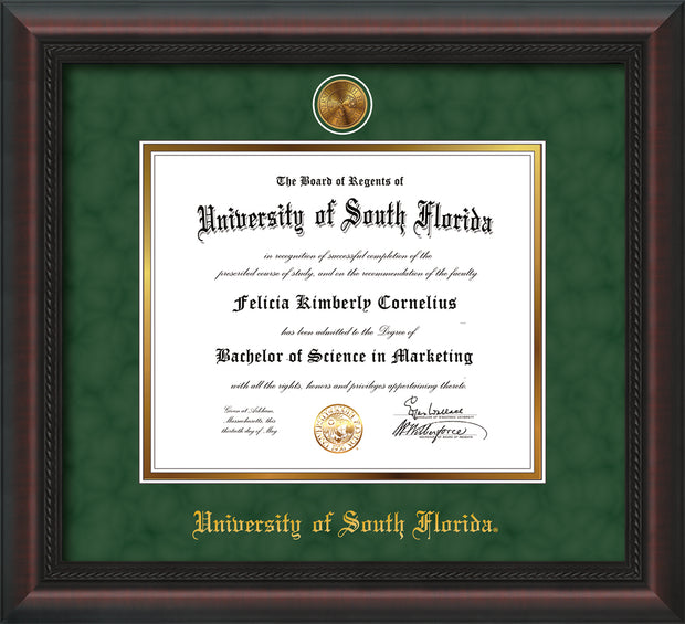Image of University of South Florida Diploma Frame - Mahogany Braid - w/24k Gold-Plated Medallion USF Name Embossing - Green Suede on Gold mats