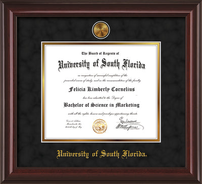 Image of University of South Florida Diploma Frame - Mahogany Lacquer - w/24k Gold-Plated Medallion USF Name Embossing - Black Suede on Gold mats