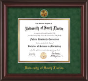Image of University of South Florida Diploma Frame - Mahogany Lacquer - w/24k Gold-Plated Medallion USF Name Embossing - Green Suede on Gold mats