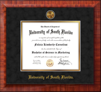 Image of University of South Florida Diploma Frame - Mezzo Gloss - w/24k Gold-Plated Medallion USF Name Embossing - Black Suede on Gold mats