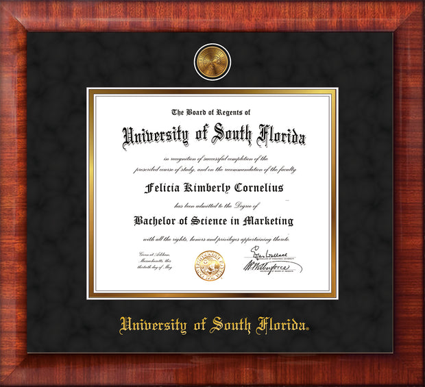 Image of University of South Florida Diploma Frame - Mezzo Gloss - w/24k Gold-Plated Medallion USF Name Embossing - Black Suede on Gold mats